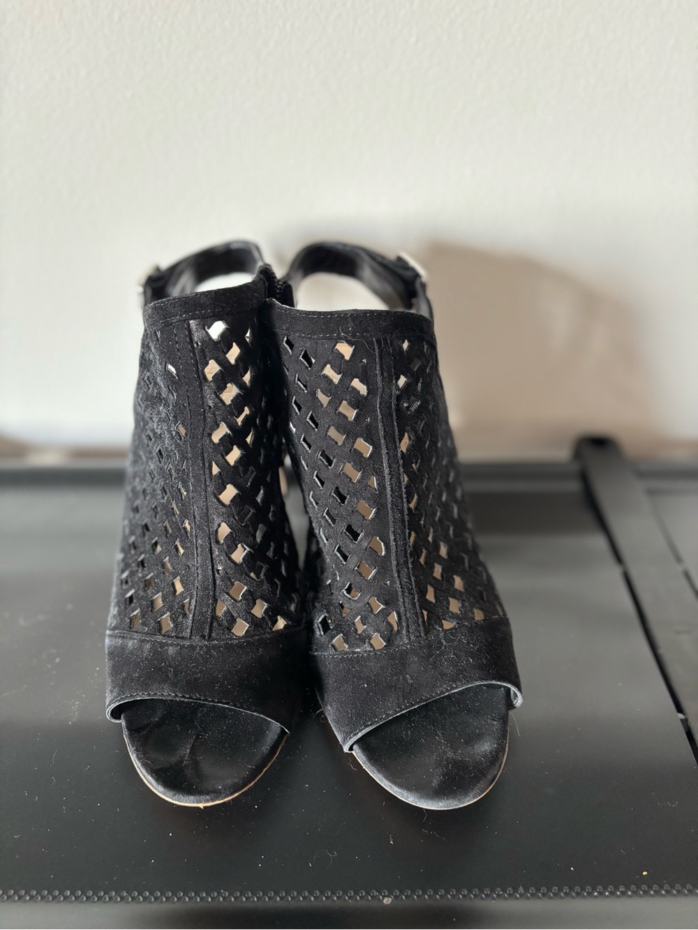 Vince Camuto Black Suede Laser-Cut Peep-Toe Slingback Heels